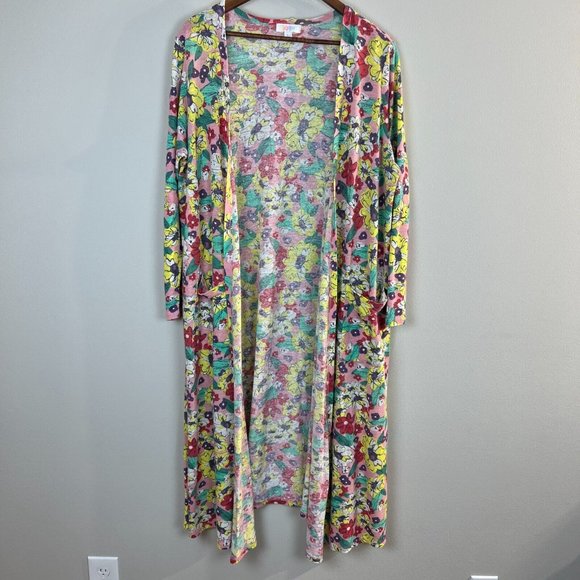 LuLaRoe Duster Cardigan Large Long Sleeve Floral Print Long Linen Blend Womens - Picture 1 of 9